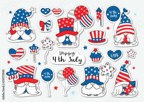 Draw sticker printable design cute gnome for 4th of July