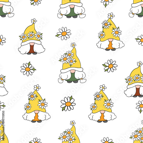 Seamless pattern daisy gnome for summer and spring