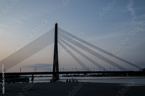 Suspension bridge in evening. Riga  Latvia