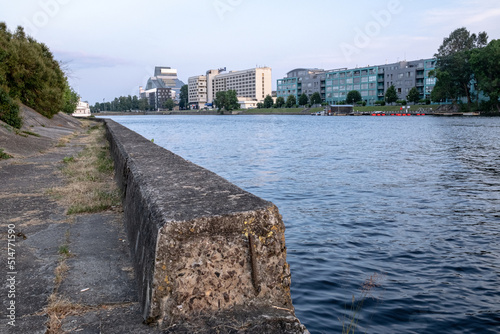 River Daugava flows through Latvia capital Riga. Riga cityscape 