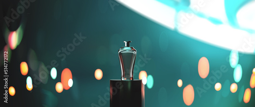 beautiful glowy night podium scene for product presentation template with beautiful blurry anamorphic backdrop realistic vector photo