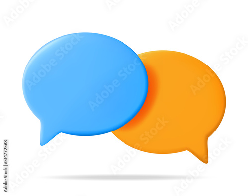 3D Orange and Blue Blank Speech Bubble Isolated on White. Rendering Chat Balloon Pin. Notification Shape Mockup. Communication, Web, Social Network Media, App Button. Realistic Vector Illustration