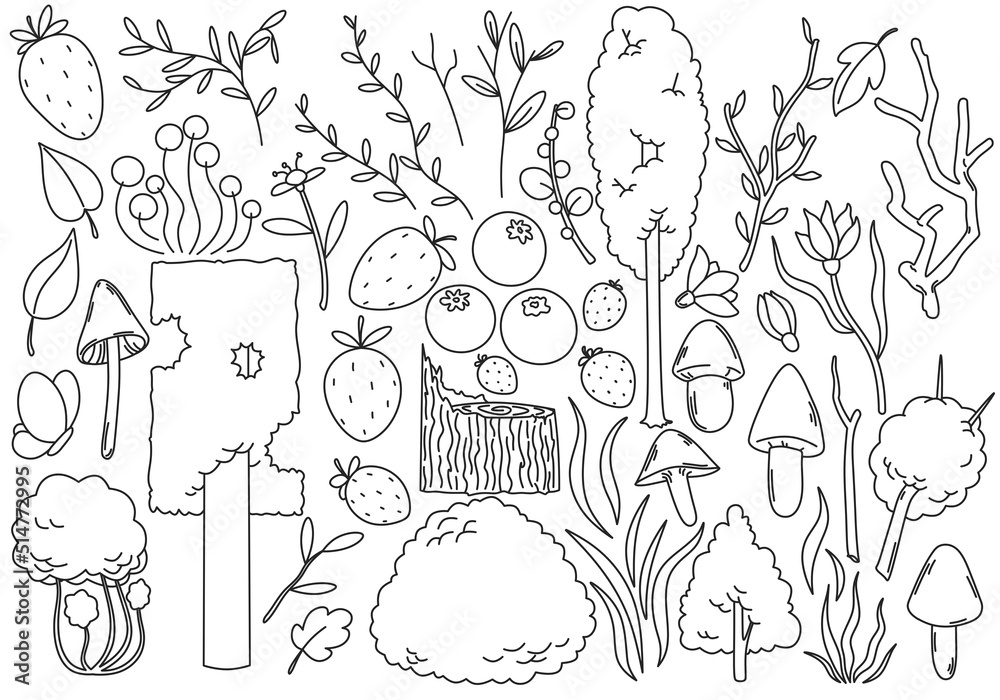 Large set of isolated forest objects: trees, bushes, flowers, mushrooms, leaves. Black outline without color on white background