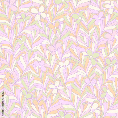 Pastel candy hippie seamless pattern. Vector nostalgic retro 60s groovy print. Vintage floral background. Textile and surface design with old fashioned hand drawn naive geometric flowers