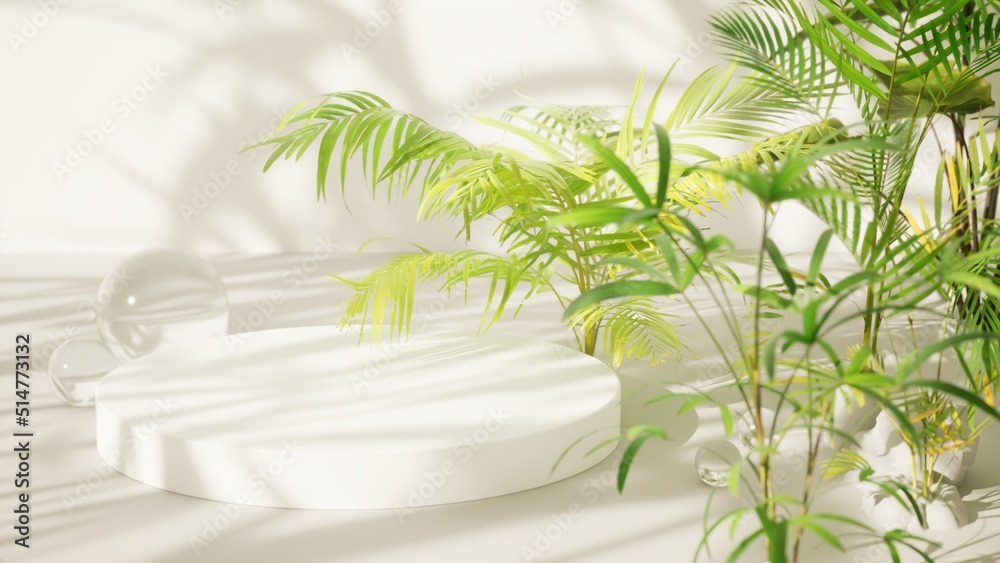 tropical light background with white pedestal and tropical plants,3d render