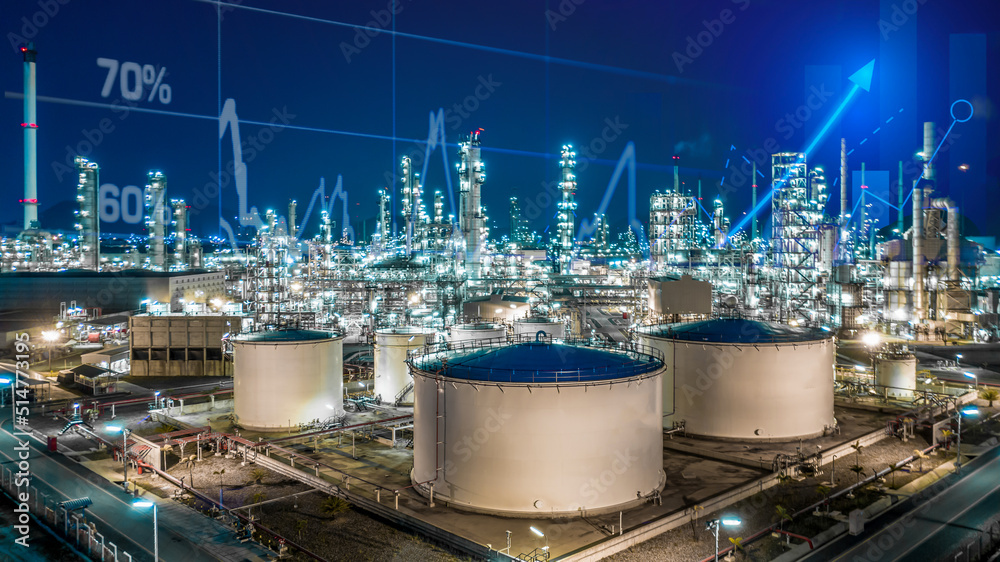 Oil refinery plant from industry zone with business economy graph