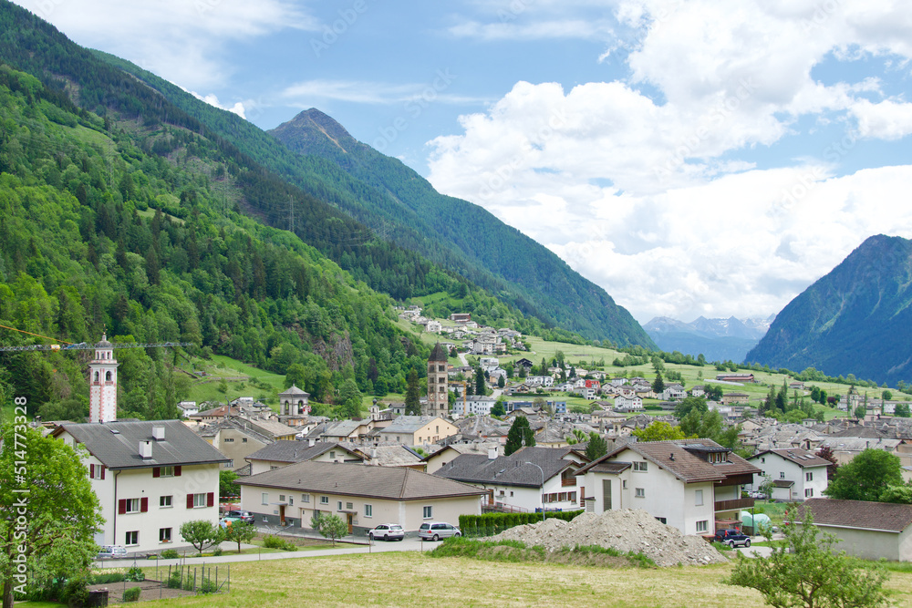 The famous Bernina Express Train passing through Poschiavo in Switzerland