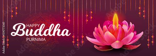 Happy Buddha Purnima Gautama Buddha Lotus flower candle, Mandala. Ornate Traditional Festival Poster. Horizontal Banner Design Template Vector Illustration. Social media, website header, greeting card