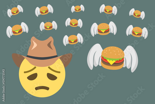 disappointed face emoji with cowboy hat and flying hamburgers on grey background,concept vector illustration