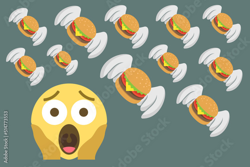 screaming face emoji and hamburgers with wings on gray background,concept vector illustration