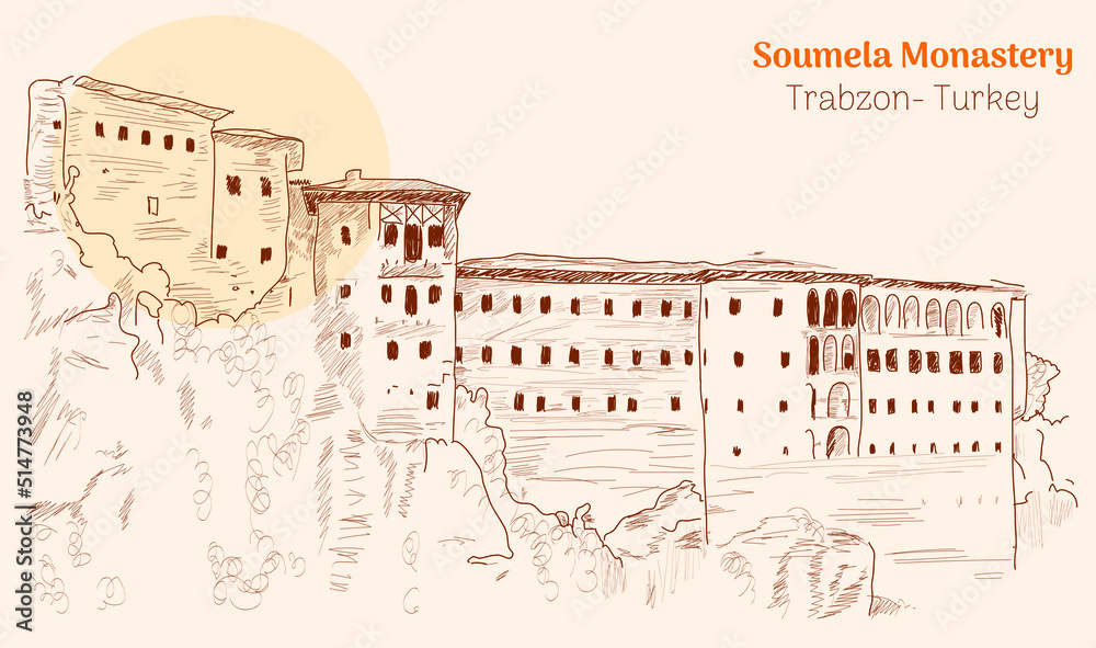 Soumela Monastery trabzon turkey  hand drawing vector illustration 