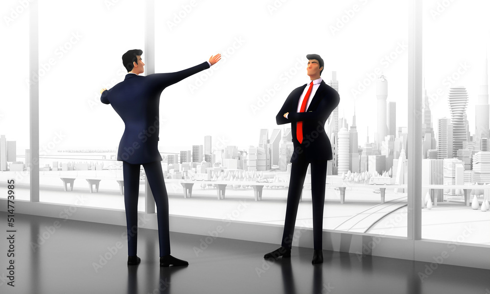 Fototapeta premium Two successful businessman talking gin office, make plans, agreements. Planning for future, new start ups. 3D rendering illustration