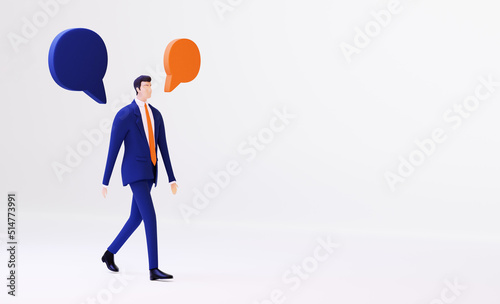 Successful businessman walking on white background with space for your text. Businessman and speech bubbles. 3d rendering illustration
