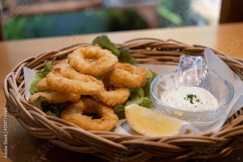 squid ring on wooden tray