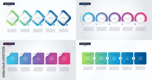 Vector gradient minimalistic infographic templates composed of 5 shapes