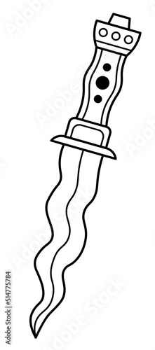 Outined vector drawing of ornamented fantasy dagger with inlay on grip and wavy blade. Medieval styled knife. Graphic illustration for logo, card poster, banner.