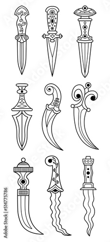 Vector set of nine contour drawings of ornamented fantasy daggers with inlay and decorations. Medieval style knives. Graphic illustration for logo, card, poster, banner. photo