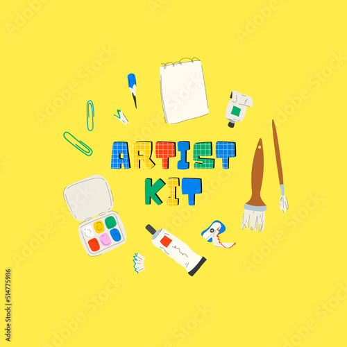 Various artist tools notebook, paints, pencil sharpener, pencils, paper clip, pencil shavings etc