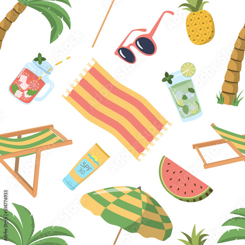Seamless summer beach elements pattern. Hand drawn vector background of palm trees, sun bed, umbrella, drinks, and fruits. Design for wallpaper, wrapping paper, and textile printing.