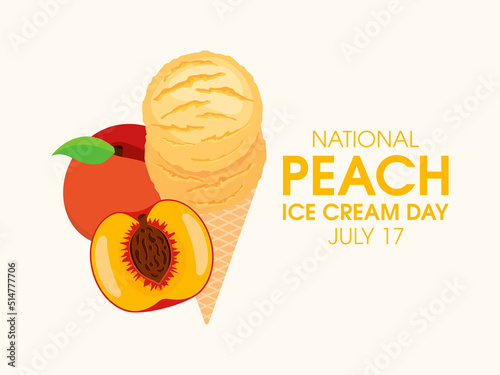National Peach Ice Cream Day vector. Delicious peach scoop ice cream cone icon vector. Two scoops of fruit ice cream drawing. July 17. Important day
