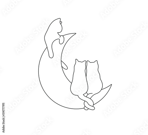 Vector isolated three cats sitting on a crescent moon colorless black and white contour fine line drawing