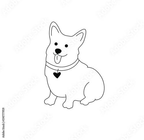 Vector isolated cute cartoon sitting  welsh corgi cardigan pembroke in a collar with heart pendant colorless black and white contour fine line drawing