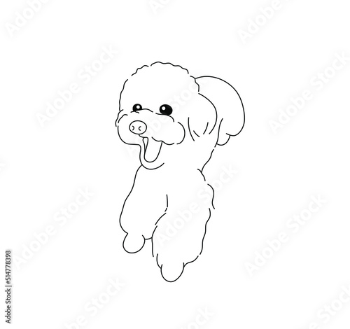 Vector isolated cute cartoon smiling shaggy dog with open mouth colorless black and white contour line drawing