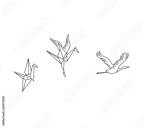 Vector isolated origami crane bird turning into real bird colorless black and white contour line drawing