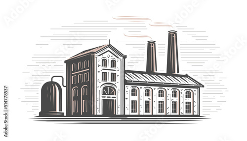 Industrial factory building logo design. Manufacturing and industrial production emblem. Vintage vector illustration