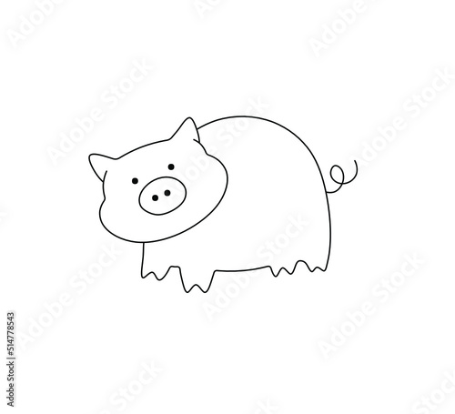 Vector isolated cute cartoon small pig colorless black and white contour line drawing