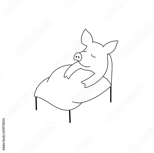 Vector isolated cute cartoon piglet sleeping in bed under under a blanket colorless black and white contour line drawing