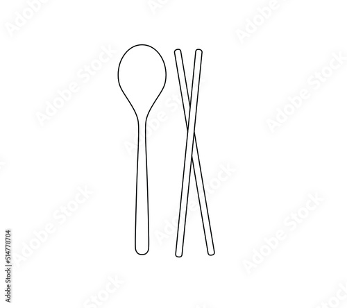 Vector isolated spoon and chopsticks colorless black and white contour line symbol