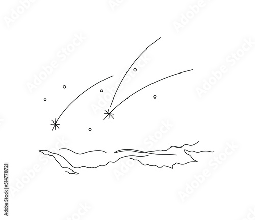 Vector isolated falling star night landscape colorless black and white contour line drawing