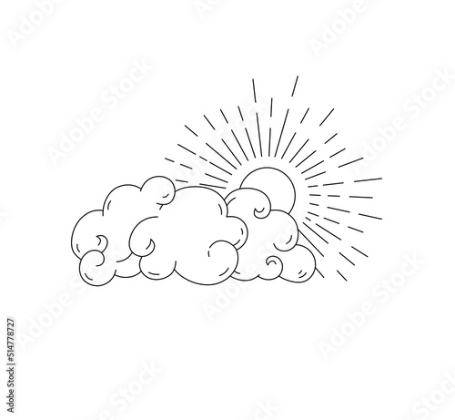 Vector isolated sun shining brightly from behind the clouds colorless black and white contour line drawing