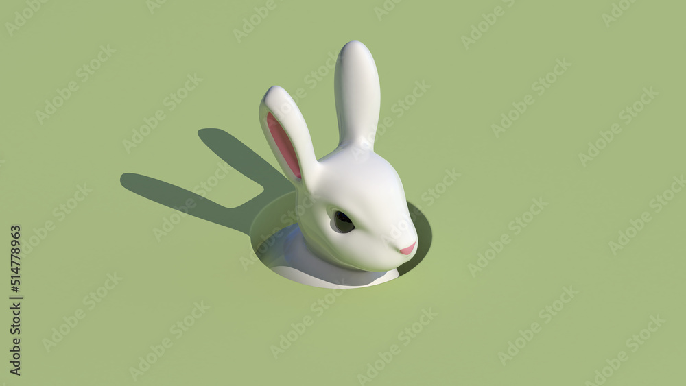 Spring easter bunny rabbit in hole with creative copy space on pastel green background in 8k. 3D illustration render. Spring easter bunny rabbit in hole with creative copy space on pastel green background in 8k. 3D illustration render.