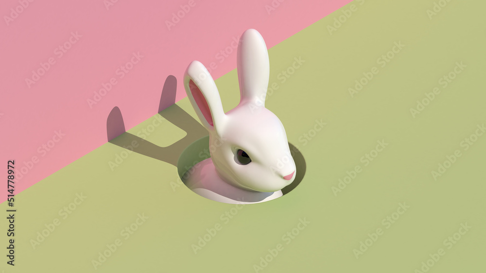 Obraz premium Spring easter bunny rabbit in hole with creative copy space on pastel green and pink background in 8k. 3D illustration render.