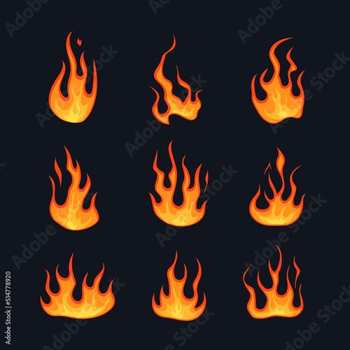 Varieties of flames set. Red blazing fires with yellow gradient