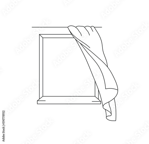 Vector isolated square window with curtains fluttering in the wind colorless black and white contour line drawing