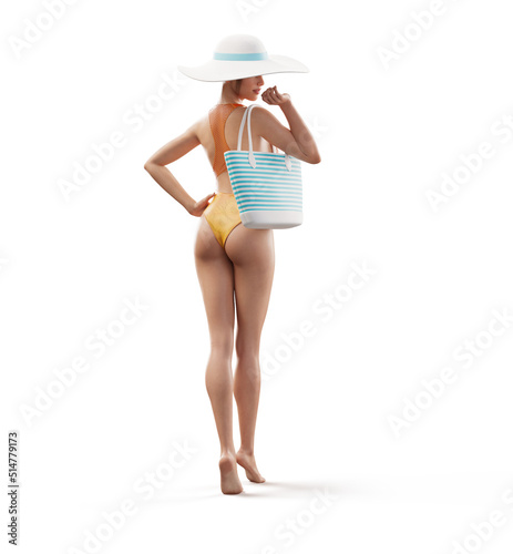 Unusual 3d illustration of a beautiful slender female with handbag on a tropical island at the ocean. Summertime. Traveling and vacation concept