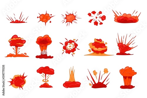 Various explosions set. Powerful red detonation of nuclear charge