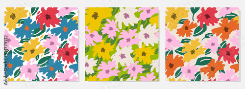 Collection of seamless floral patterns field of dreams. Bright colors, original ornament. Editable design for fabric, digital paper, scrapbooking. Vector hand drawn illustration
