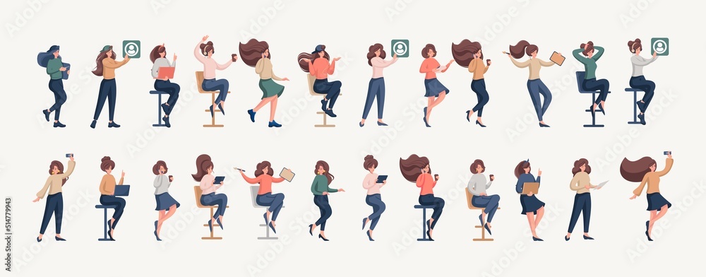 Set of happy girls demonstrating the joy of work, draws, works at a laptop, composes poems, programs. Color flat vector illustration Set of happy girls demonstrating the joy of work, draws, works at a laptop, composes poems, programs. Color flat vector illustration