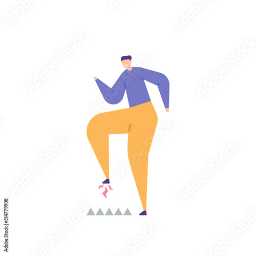 fish eye disease, calluses, Clavus. hit by a nail or thorn. A man feels pain in the soles of his feet when walking. disease. health problem. flat cartoon illustration. concept design