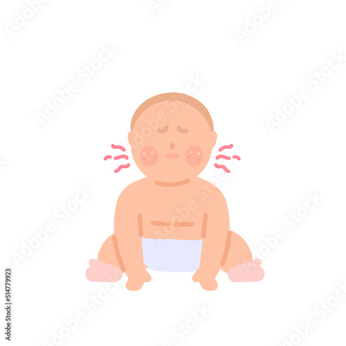 the expression of a gloomy baby because he feels itchy on the skin. symptoms of rashes, allergies, smallpox, measles, skin diseases. health problems. character illustration concept design