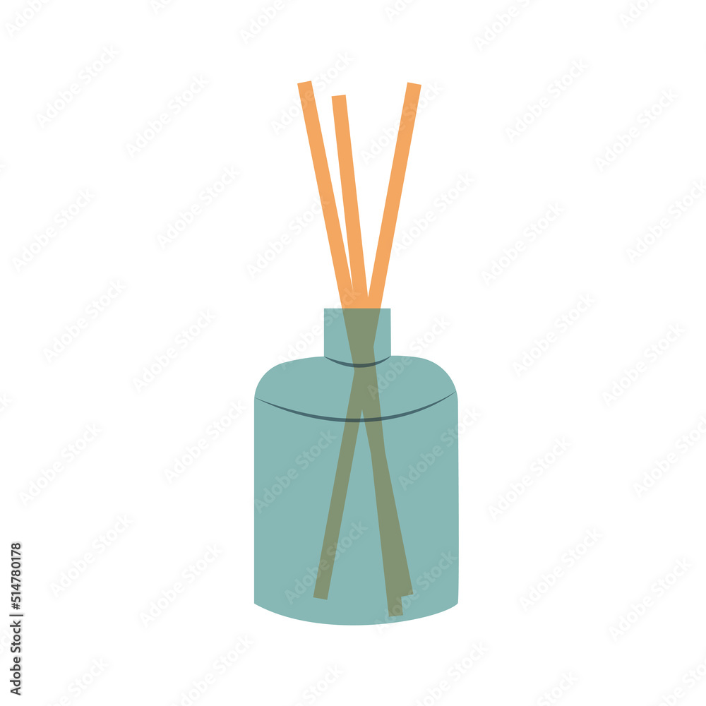 Hand drawn bottle with aroma sticks for home fragrance, isolated vector illustration in flat style Hand drawn bottle with aroma sticks for home fragrance, isolated vector illustration in flat style