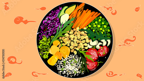 Useful and healthy food. Fresh vegetables and herbs, tomatoes and beans with sesame improve your health.