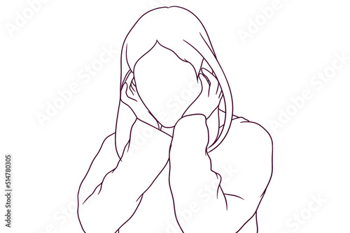 depressed woman hold her head. hand drawn style vector illustration