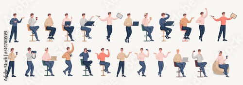 Set of happy young men demonstrating the joy of work  draws  works at a laptop  composes poems  programs. Color flat vector illustration