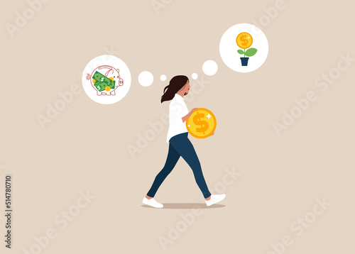 Businesswoman holding a big coin and choose between saving or investment. Saving and investing money. 