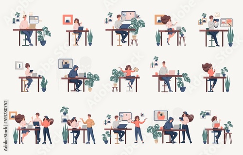 Set of freelance people working remotely. A collection of men and women use a laptop at a convenient workplace. Programmer, hacker, illustrator, designer, copywriter
